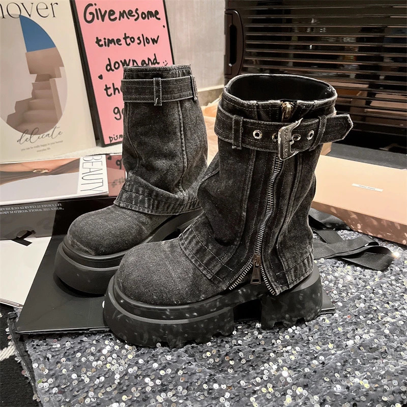 Platform Shoes Cowboy Boots for Women Round Toe Square Heel Mid Calf High Women Boots Punk Street Style Outdoor Denim Solid 241022