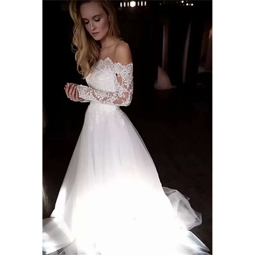 Lace Dress Romantic Wedding Elegant Off Shoulder Long Sleeves Appliques Tulle Lace-Up Back Sweep Train Bridal Gowns Vestido De Novia -Up