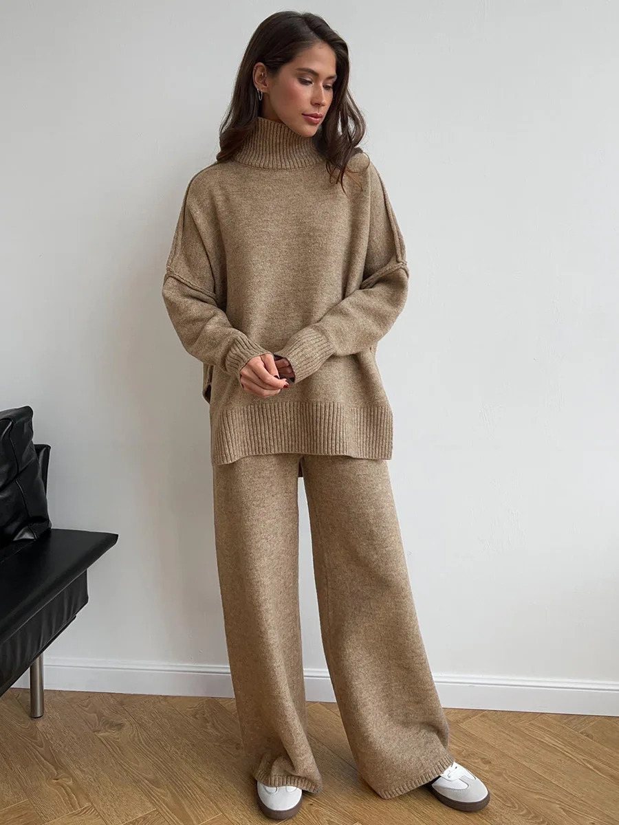 Autumn and winter casual knitted sweater two-piece set for women loose and fashionable turtle neck long sleeved zipper sweater straight pants set 2410