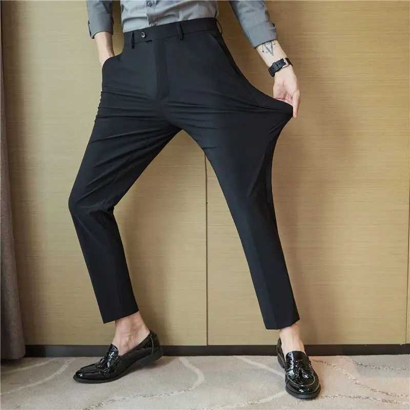 Fashion Men Slim Fit Dark Gray Smart Casual Suit Pants Spring Summer New Ice Silk High Elasticity Business Cropped Trousers 2024X241023