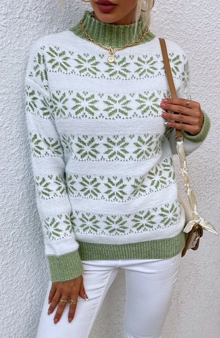 Elegant Knitted Sweater Half High Neck Christmas Snowflake Womens Top 2025 Autumn Winter Spring Fashion Casual 241021
