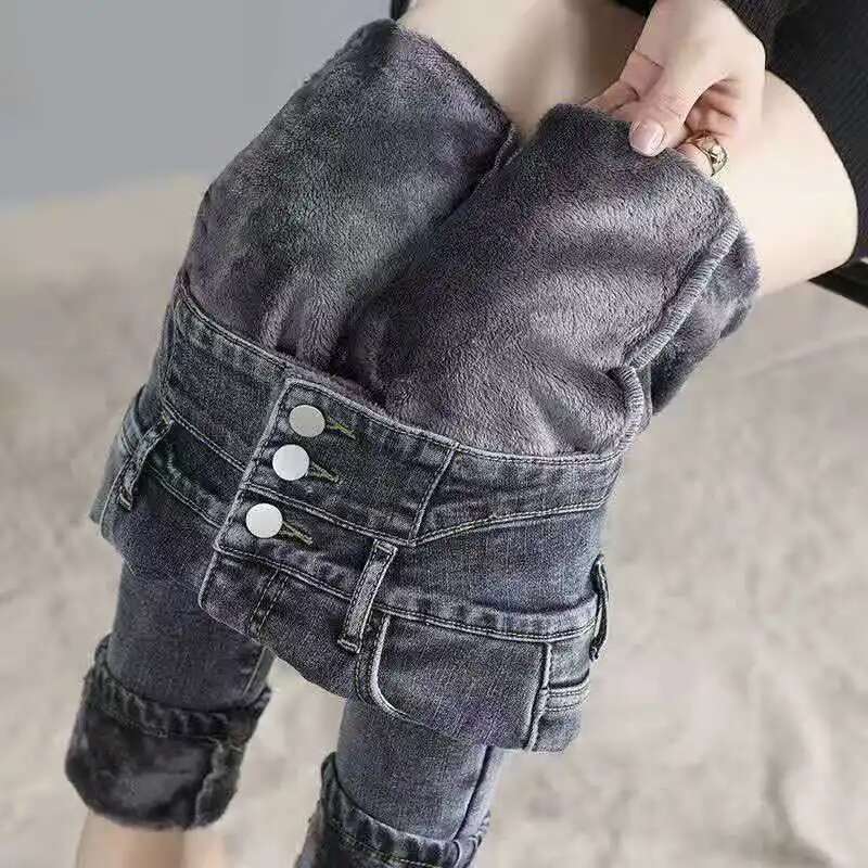 New Winter Thick Veet Women High Waist Skinny Jeans Simple Fleece Warm Slim Fit Stretch Ladies Casual Denim Mom Pencil Pants