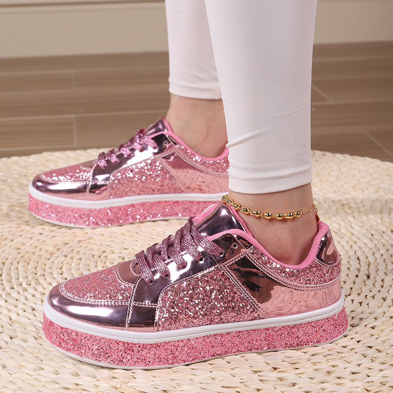 Korean version of the trend of casual thick soles board shoes new bright face fashion women's shoes low top lace-up flat shoes Pink fashion shoes
