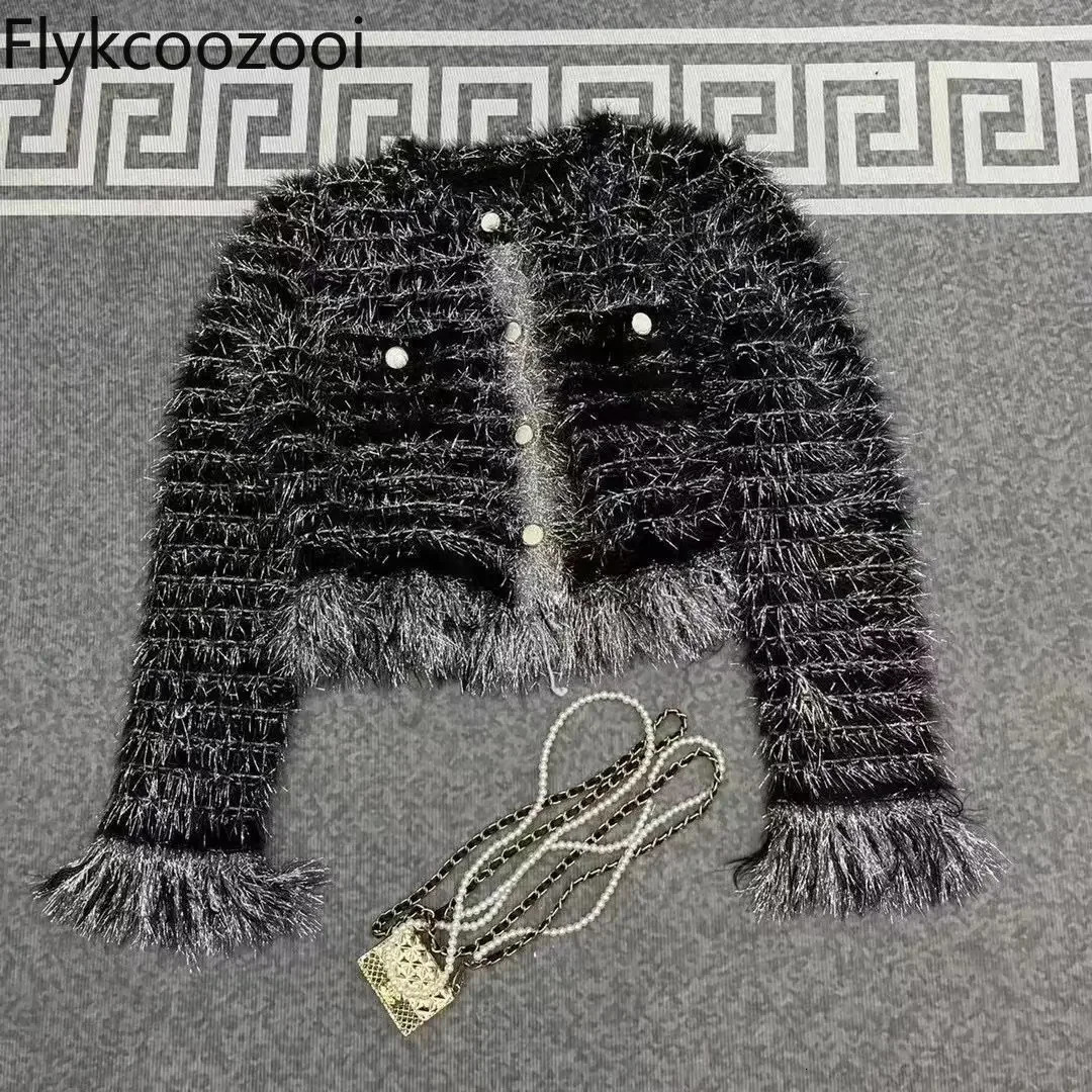 Sparkly Fringed Elegant Sweater for Women Highgrade Cashmere Crewneck Knitted Cardigan Coat Regular Fit Casaco Feminino 241021