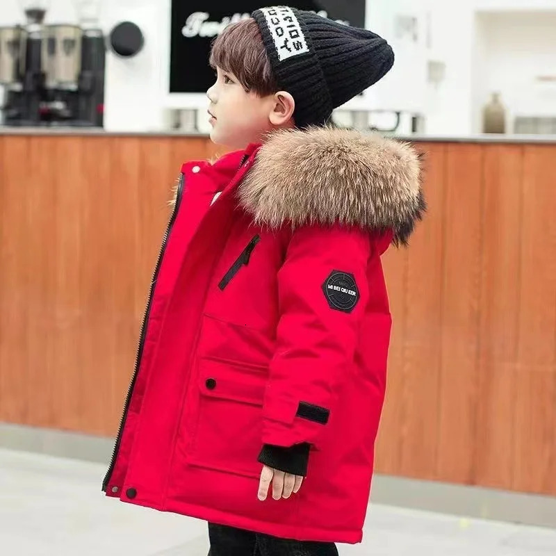 Childrens Down Cotton Jacket Boys Winter Thickened Large Fur Collar Coat 2024 Kids Warm Hooded Outerwear Teenager Clothing 241022