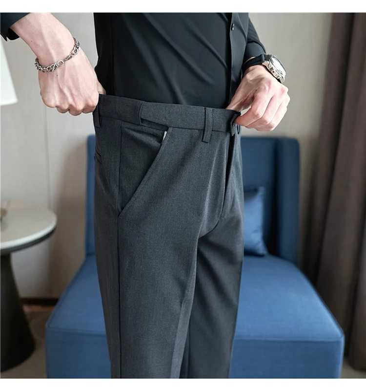 2023 Autumn Winter Plush Warm Suit pants Men Solid Color Elastic Waist Dress Pants Formal Business Slim Office Social TrousersXJ241023