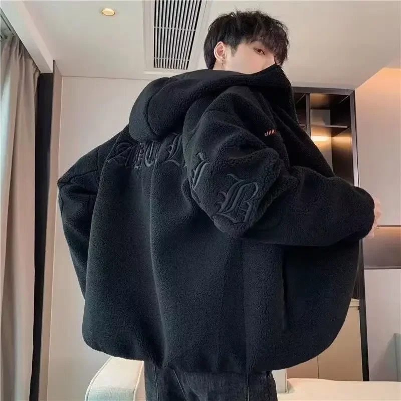 Mens Autumn 2024 Sheep Velvet Jacket Fashion Casual Clothing Collar Long Sleeve Thick Jacket 241023