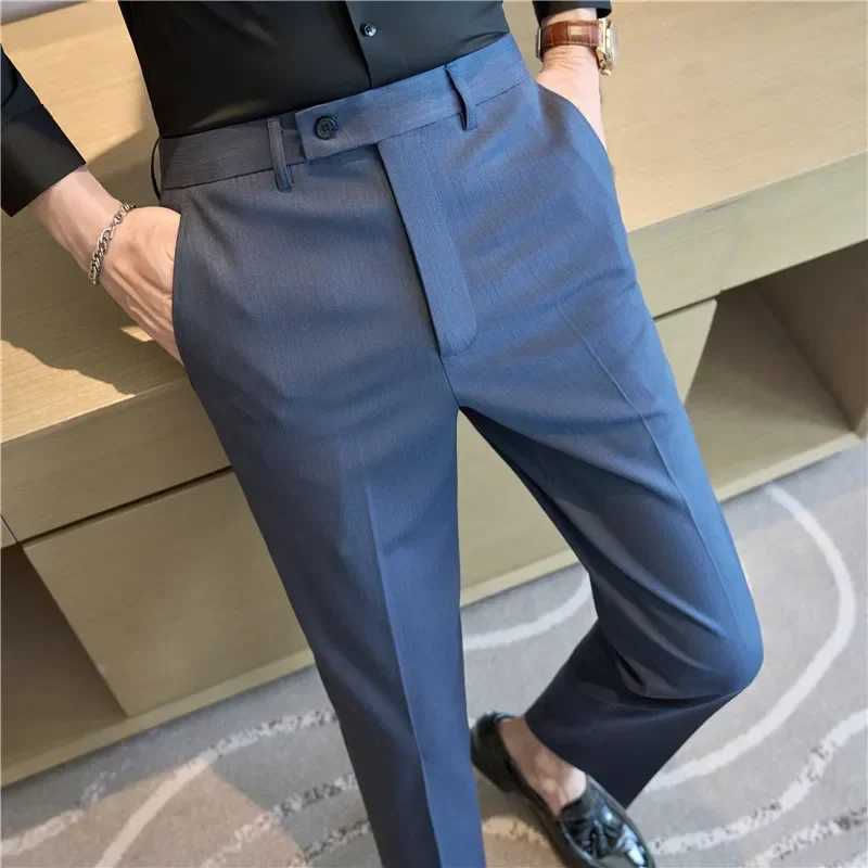 British Style Pinstripe Slim Fit Suit Pant Men Business Casual Simple Dress Pants High Quality Social Wedding Party TrousersX241023