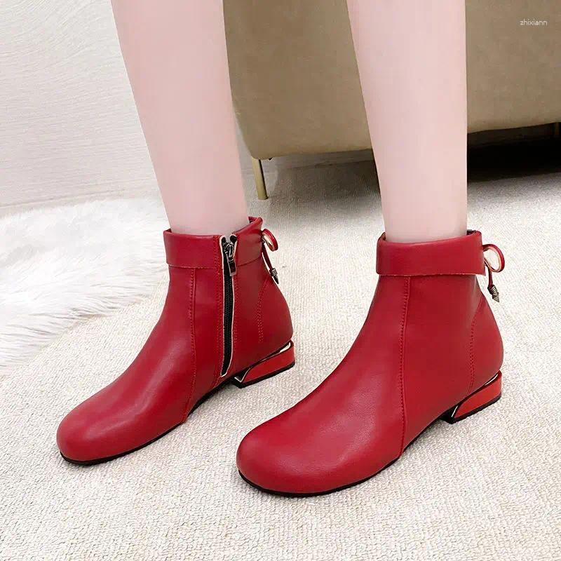 Boots Women Red Nice Soft-soled All-match Round Toe Zip Ankle Fashion Leather Veet Warm Square Heel