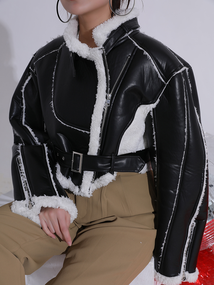 DEAT 2024 New Autumn And Winter Turn-Down Collar Full Sleeves PU Leather Cking Waist Jacket Female Coat Tide Warm Wt418