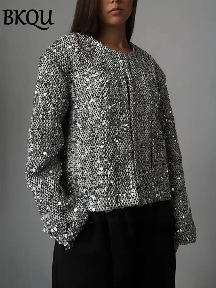 BKQU Tweed Sequined Jackets Women Casual Loose Round Neck Long Sleeved Cropped Silver Cardigan Autumn Female Warm Elegant Coats 241021