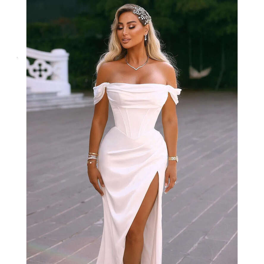 Dresses Evening Elegant Split Off Shoulder Mermaid Arabic White Satin Long Party Ocn Gowns Bridal Robes Bc18081