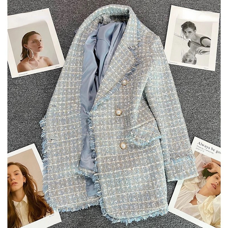 Double breasted wool jacket Chaquetas Para Mujer thick blue tweed jacket womens fashion autumn jacket 241023