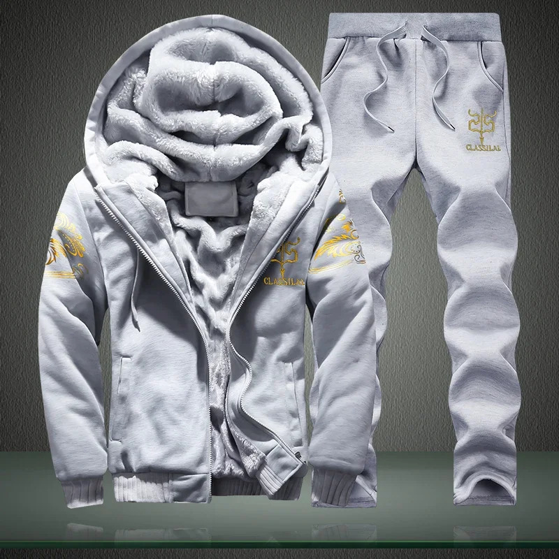 Mens autumn and winter sports suit hooded casual cardigan jacket outdoor thick warm sportswearpants two-piece set 241023