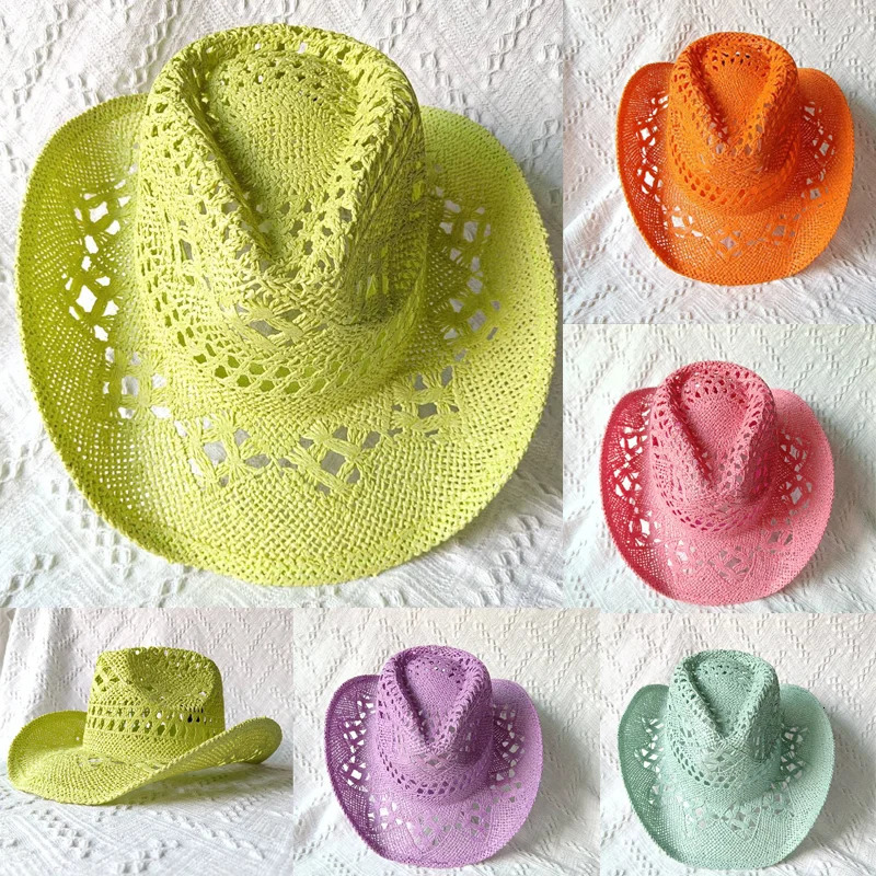 Mens denim summer hat Western style hollow handmade straw hat jazz sun hat womens denim hat pink solid straw hat Hombre 241009