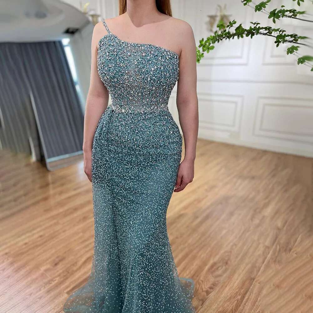 Serene Hill Turquoise Mermaid One Shoulder With Overskirt Beaded Evening Dresses Gowns 2024 For Women Party