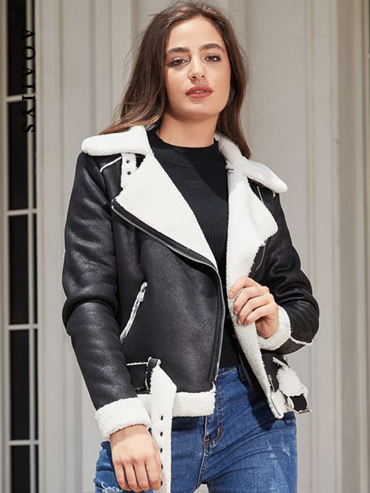 OIINAA Cking Faux Leather For Women Coat With Belt Thicken Warm Turn-Down Collar Coats Korean Fashion Female Jackets