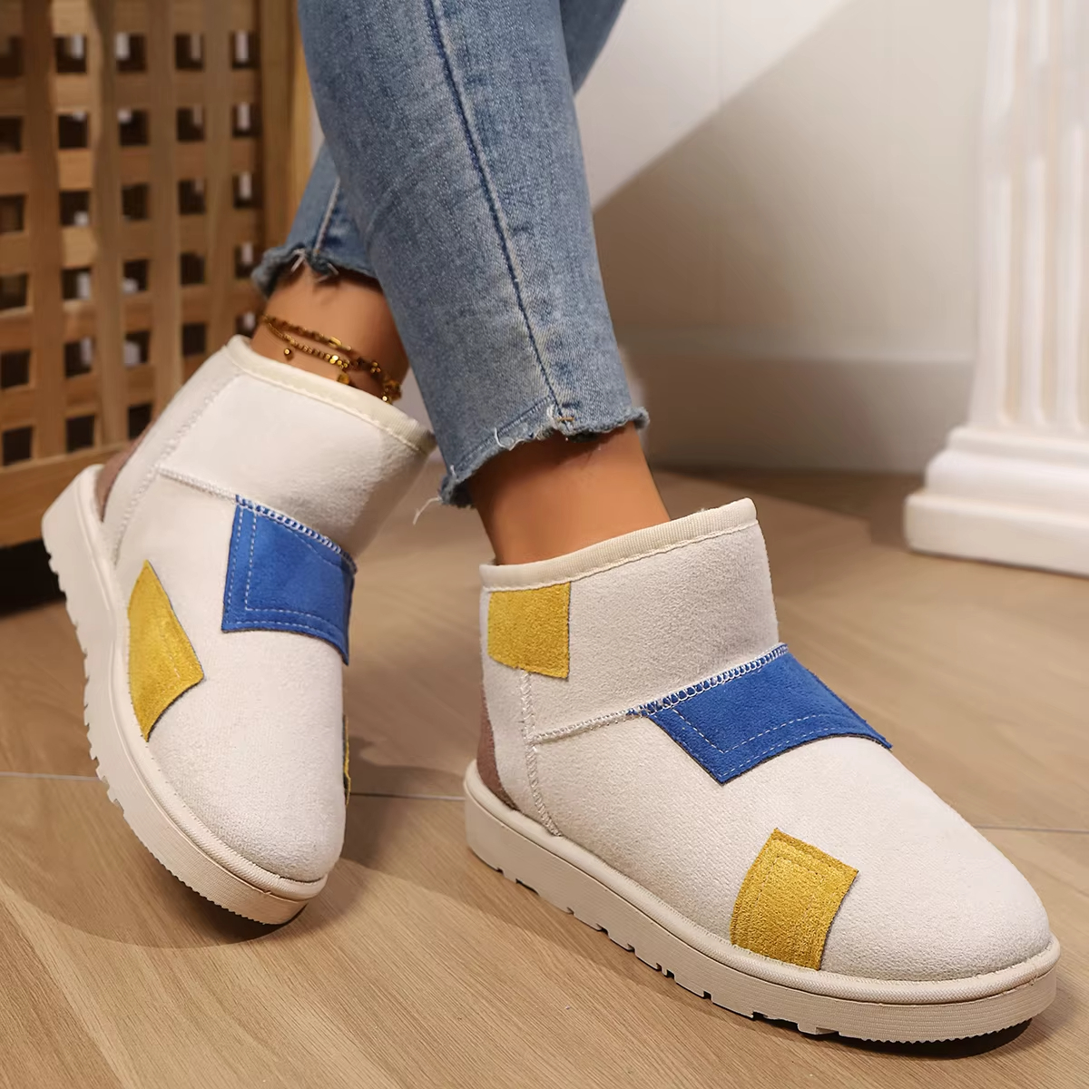 Winter Short-Tube Matching Color Cashmere Cotton Flat Wear-Resistant Fashion Designer Thick Soles Plus Plush Comfort Snow Boots