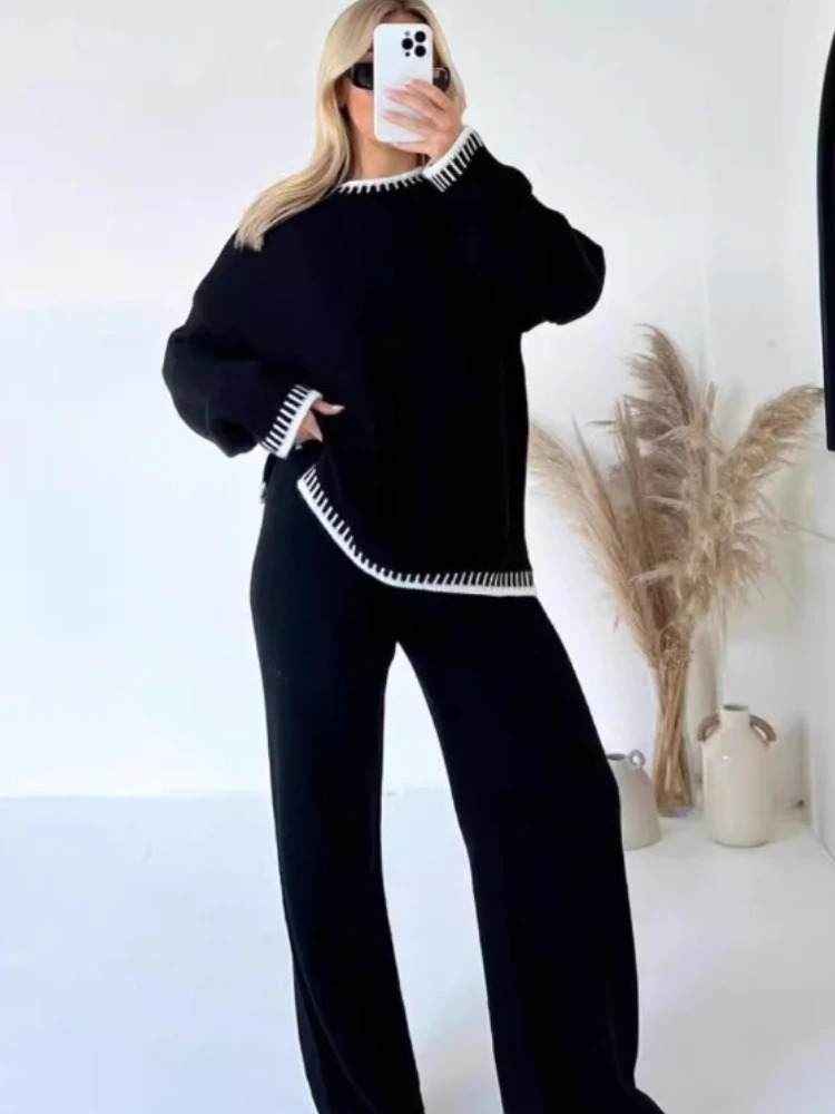 Womens pants set solid color casual loose sports style two-piece clothing autumn and winter simple daily wear 241023