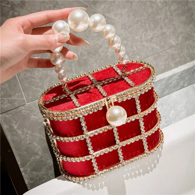 Metal evening bag pearl hollow womens bag rhinestone diamond dinner bag party and wedding handbag 241023