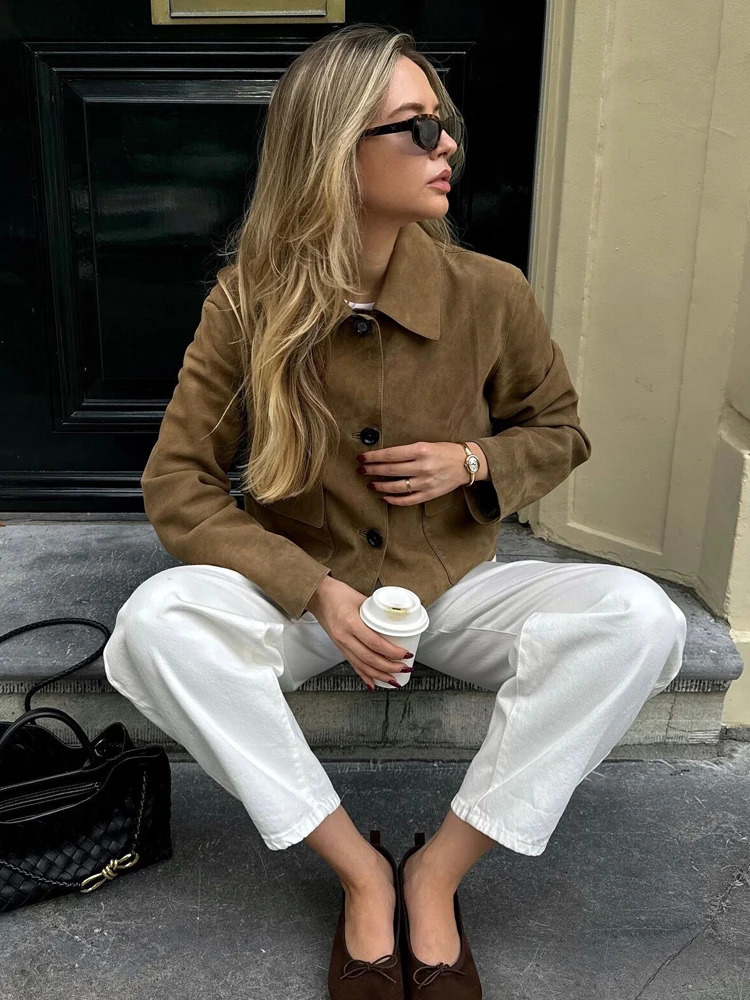 Y2K TRAF Retro Suede Womens Jacket Autumn Chic Swinging Door Collar Double Pocket Jacket Womens Long Sleeve Jacket 241023