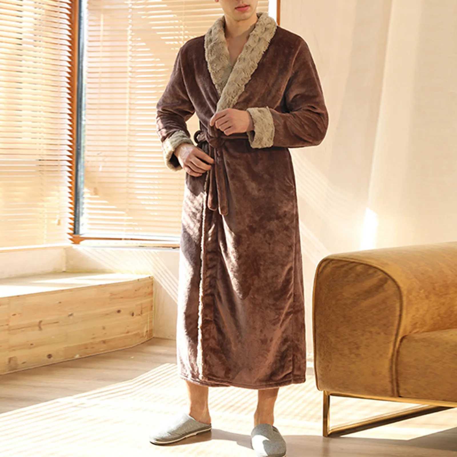 Mens Coral Velvet Couple Bathroom Autumn Extra Thick Long Flannel Sleepwear Warm Kimono Bathrobe Spwear W241023