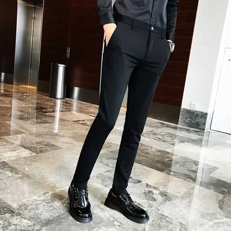Elastic Business Tressed Male Suit Trousers 9 Cropped Fluid Stretch Social Tailoring Mens Summer Pants Draped Slim Fit FabricX241023