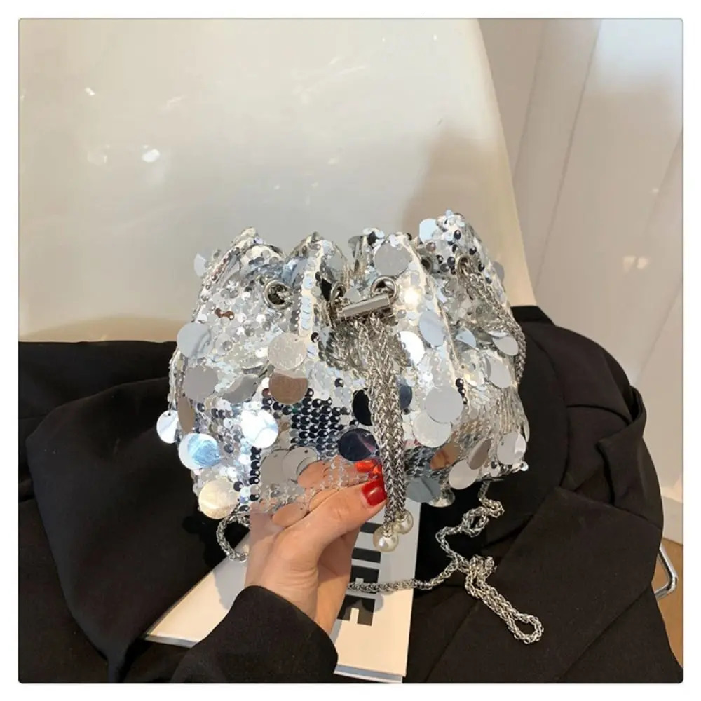 Womens shoulder sequin drawstring chain cross body bucket bag large capacity handbag 241023 zhanyishengli