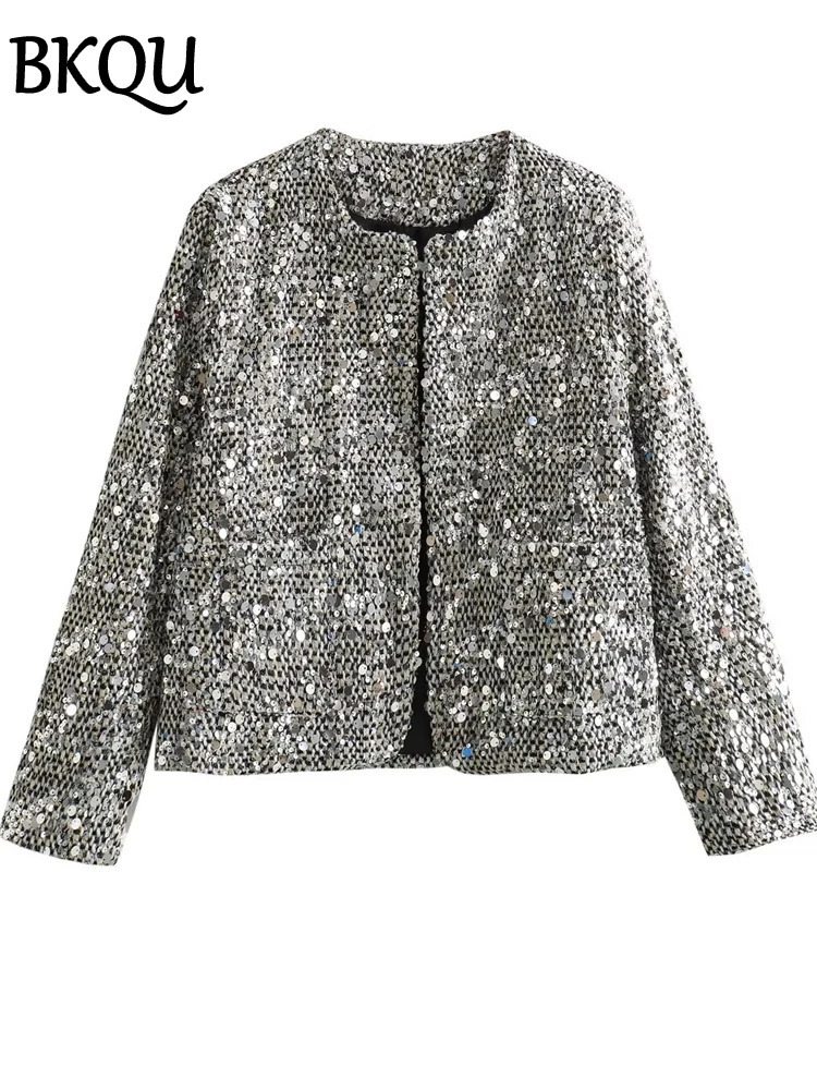 BKQU Tweed Sequined Jackets Women Casual Loose Round Neck Long Sleeved Cropped Silver Cardigan Autumn Female Warm Elegant Coats 241021
