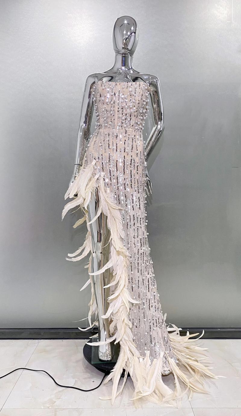 Strapless Pearl Maxi Dress, Sexy High Split Bodycon Evening Gown B1