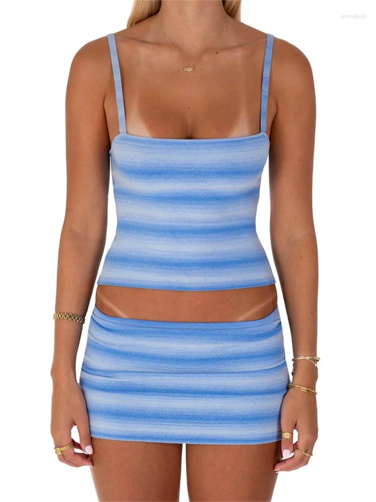 Womens Tracksuits CHRONSTYLE Women 2 Pieces Summer Set Gradient Striped Print Square Neck Crop Camis Top Low Waist Mini Skirts Party