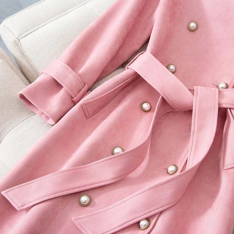 Womens double breasted long pink trench coat Korean fashion suede jacket 241022