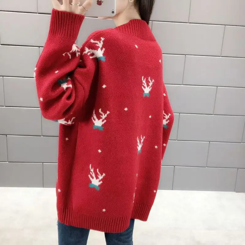 Christmas Deer Knitted Coat Femal Loose Cardigan For Women Long Sleeve Top Casual Chic Office Ladys Sweater Single Breasted 241022