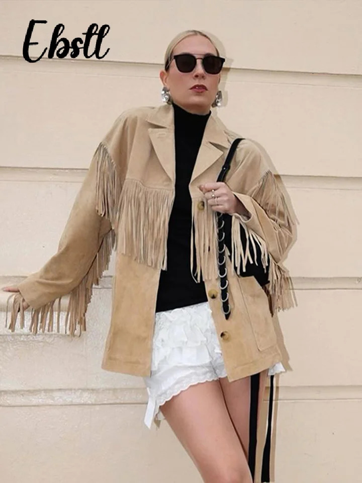 Retro artificial suede fringe jacket for women elegant long sleeved single breasted lapel jacket autumn womens loose city jacket 241023