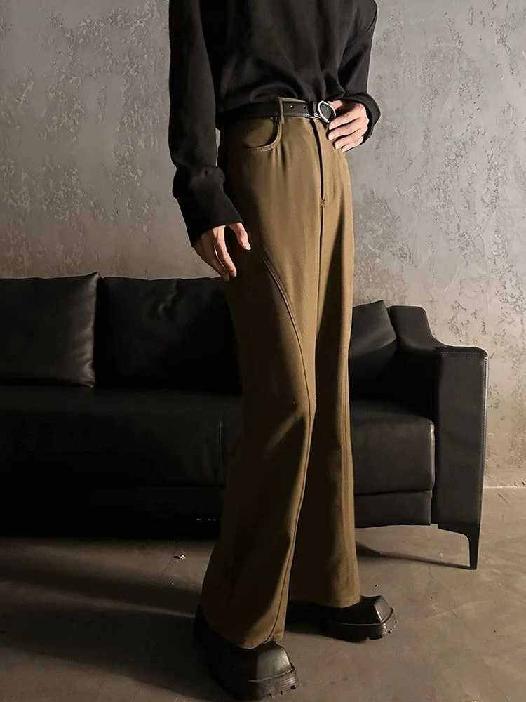 Bell Mouth Vintage Mens Summer Pants Brown Fluid Flared Male Suit Trousers Draped Formal Designer Casual Korean Style ClothesX241023