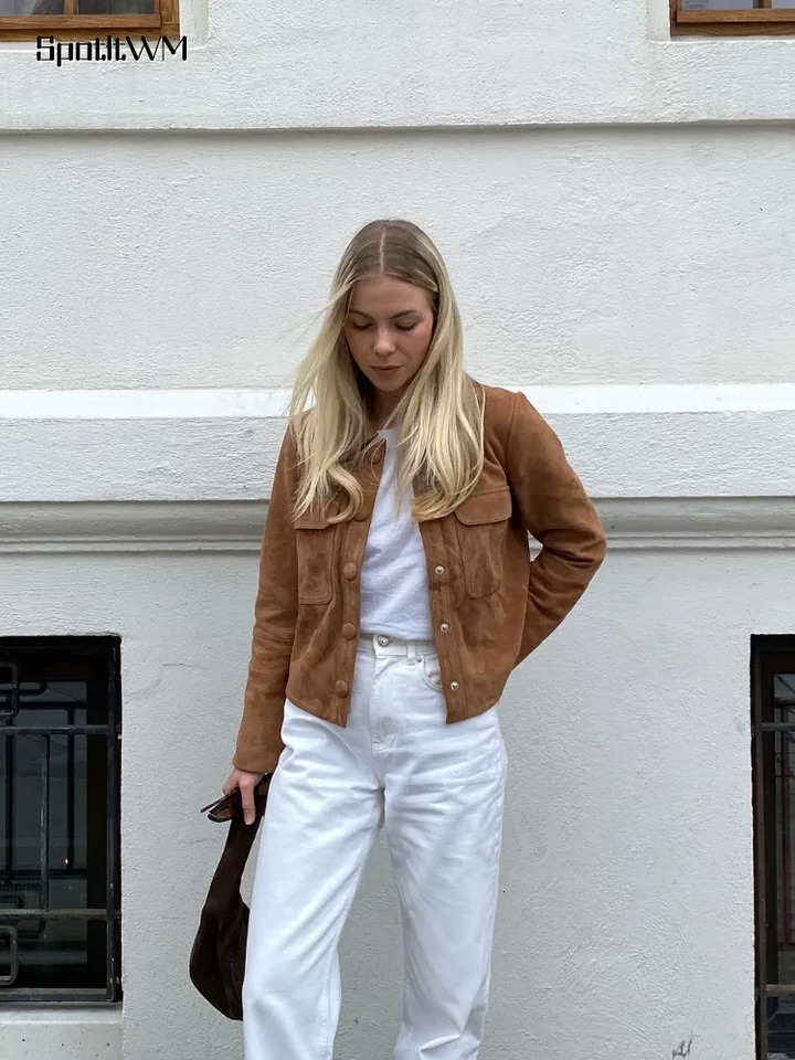 Autumn and winter brown womens slim fit suede short jacket fashionable single chest long sleeved cut jacket fashionable womens streetwear 241023