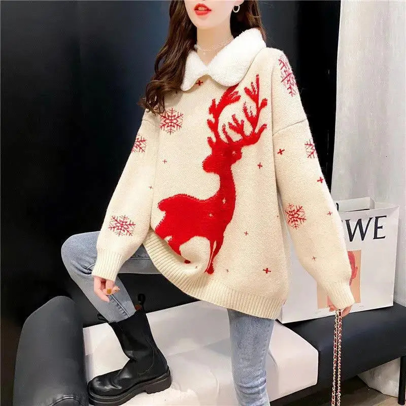 Christmas Cartoon Pullovers Women Clothes Allmatch Printing Turndown Collar Long Sleeve Mid Length Top Autumn Winter Sweater 241021
