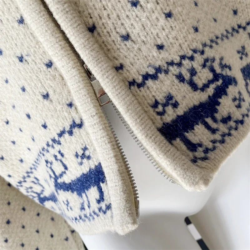 Vintage Snowflake Sweater Coat Womens Autumn Winter Fashion Loose Casual Soft Warm Beige Blue Christmas Knit Cardigan 241022