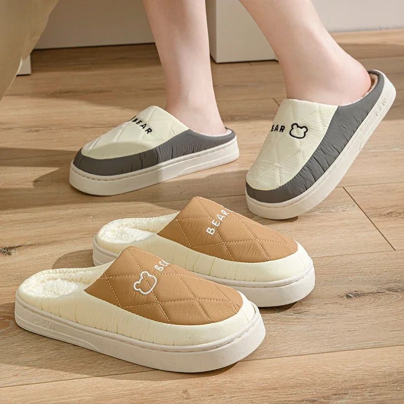 Autumn Winter Plush Warm Women Cotton Slippers Indoor Home Casual Toe Wrap Thick Slides Men Anti Slip Vamp Waterproof Soft Shoes