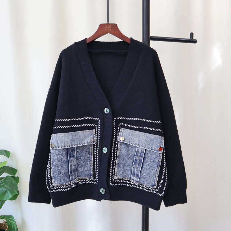 Denim Pockets Long Sleeve V-Neck Double-Faced Cashmere Single Breasted Women Winter Cardigan Coat Autumn