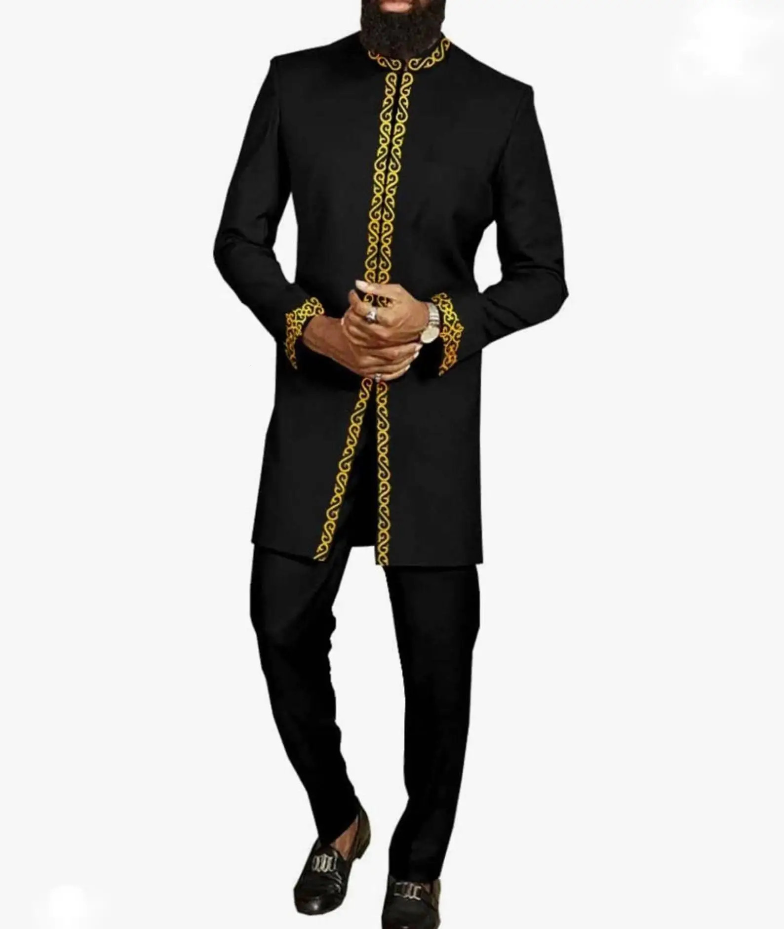 African mens fashion embroidered top and mens 2-piece elegant classic ultra-thin party dance casual beauty set 241023