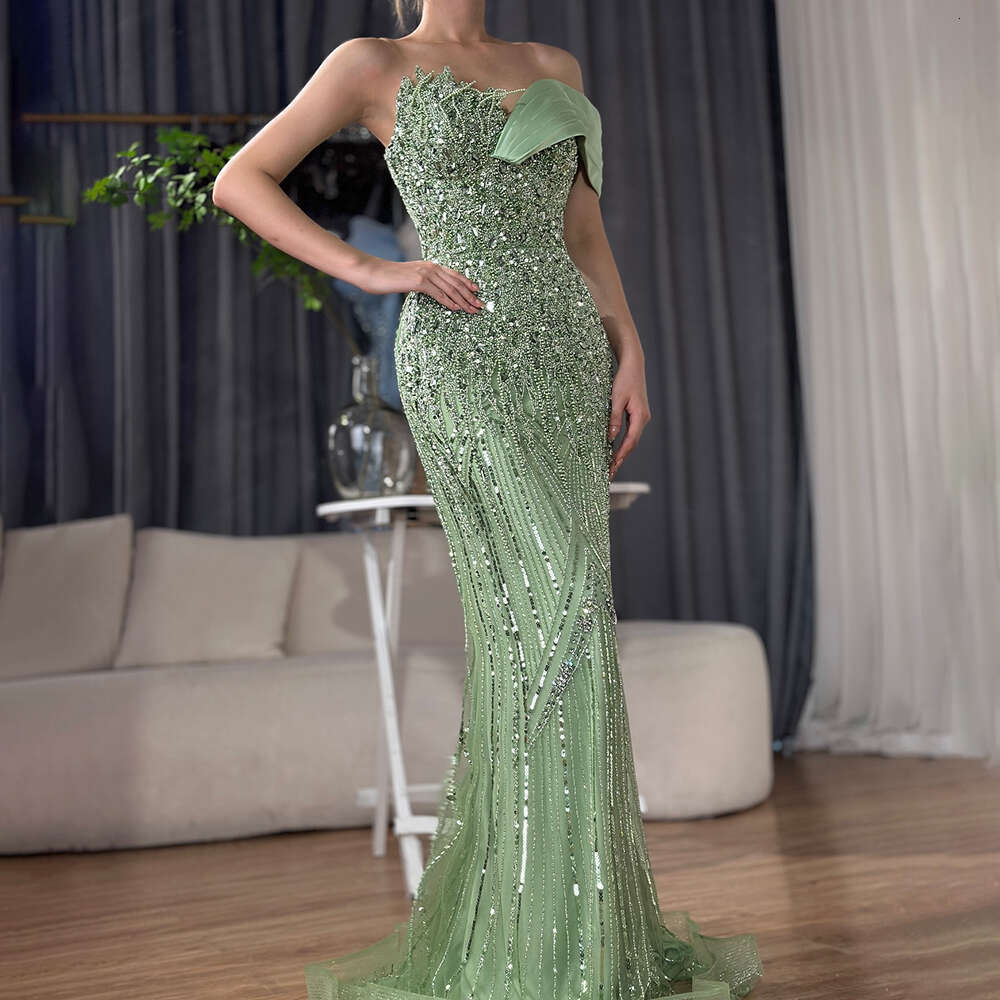 Serene Hill 2024 Arabic Green Mermaid Elegant One Shoulder Beaded Long Evening Dresses Gowns for Formal Ocn prom