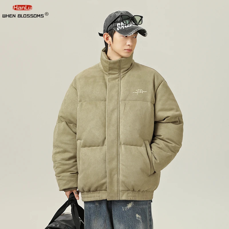 Suede fabric winter warm jacket mens Parkas thick coat mens stand up collar solid color casual Parka womens fashionable streetwear 241023