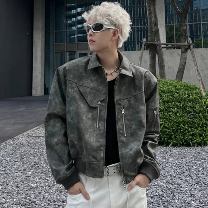 Mens Cropped PU Leather Jacket Fashion Turndown Collar Gradient Color Retro Coat Zipper Motorcycle Outwear Spring Pink 241010