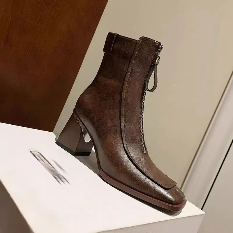 Womens Boots Selling French Square Toe Short Boots Autumn and Winter Workplace Soft Leather Fashion Martin Boots for Women 241022