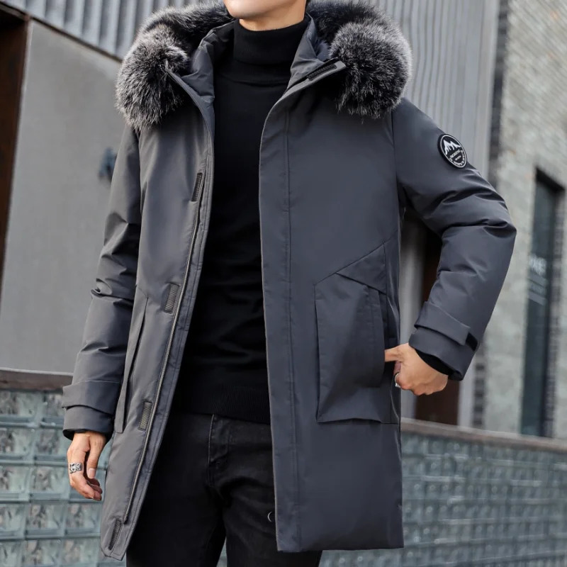 Winter mens mid length down jacket cold personalized fur collar jacket loose thick hood warm mens jacket