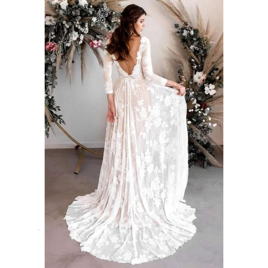 Lace Bohemian Romantic Tulle Wedding Dresses Sexy Backless A E Scoop Neck Appliques Quarter Sleeve Bridal Gowns Plus Size Bc18357 ppliques