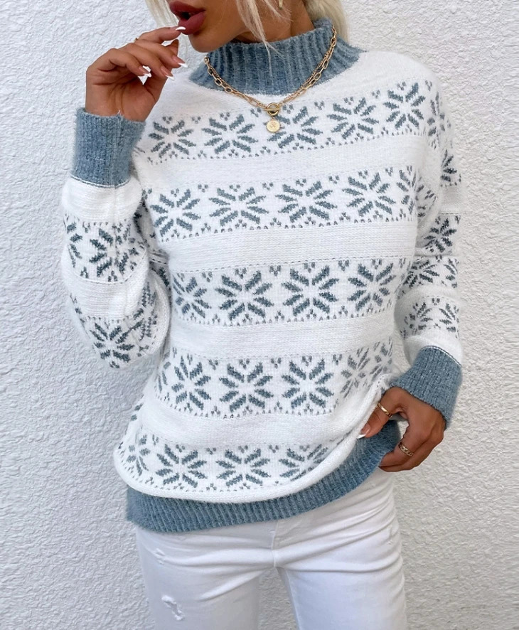 Elegant Knitted Sweater Half High Neck Christmas Snowflake Womens Top 2025 Autumn Winter Spring Fashion Casual 241021
