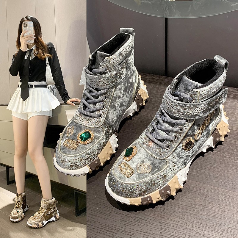 2024 Spring and Autumn New Popular Water Diamond with Diamond Dad Shoes, Women's Trendy Diamond Inlaid Thick soled Single Shoes
