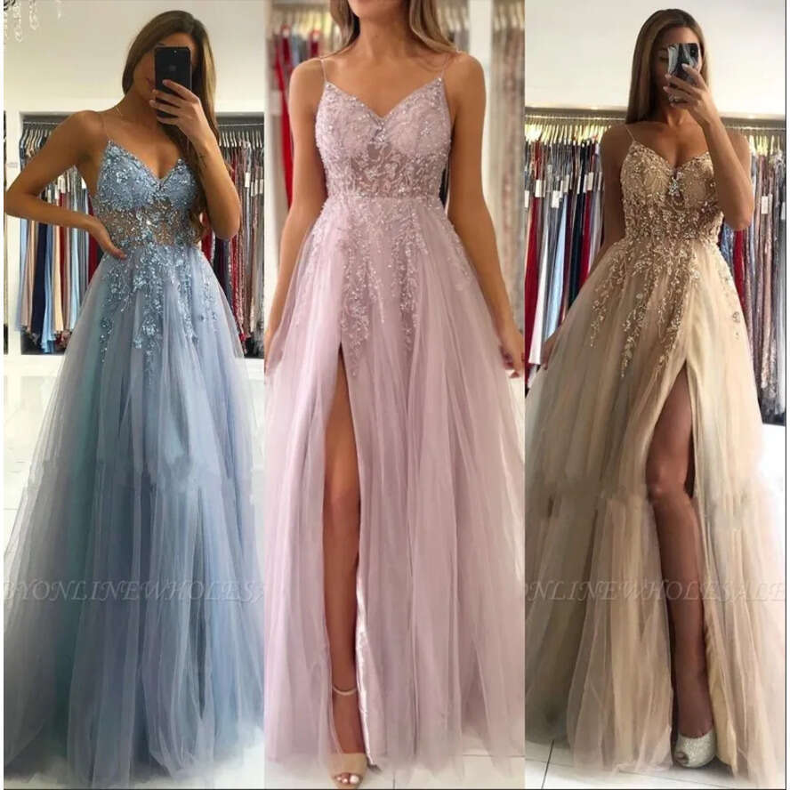 Chamapgne Blue Pink Stunning Prom Dresses A E Spahgetti Straps Split Evening Gowns With Beads Sequins Backless Party Vestidos Bc5488 vening